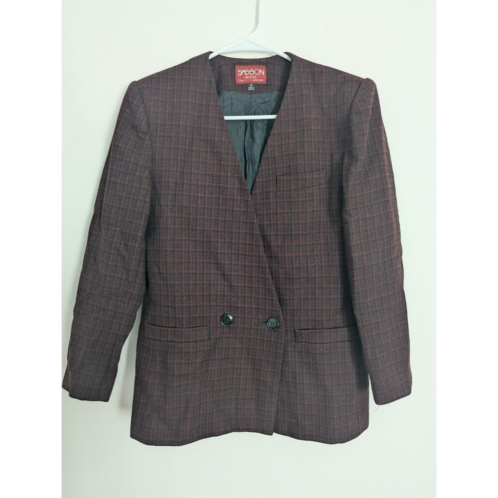 Vtg 80s Burgundy Houndstooth Wool Blazer Petite 6 Power Shoulder Career Jacket